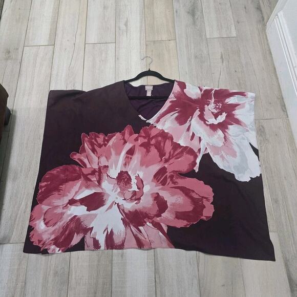 Chico’s S/M Sheer Floral Blouse Burgundy Pink Oversized Poncho Top Flowy - Picture 11 of 11